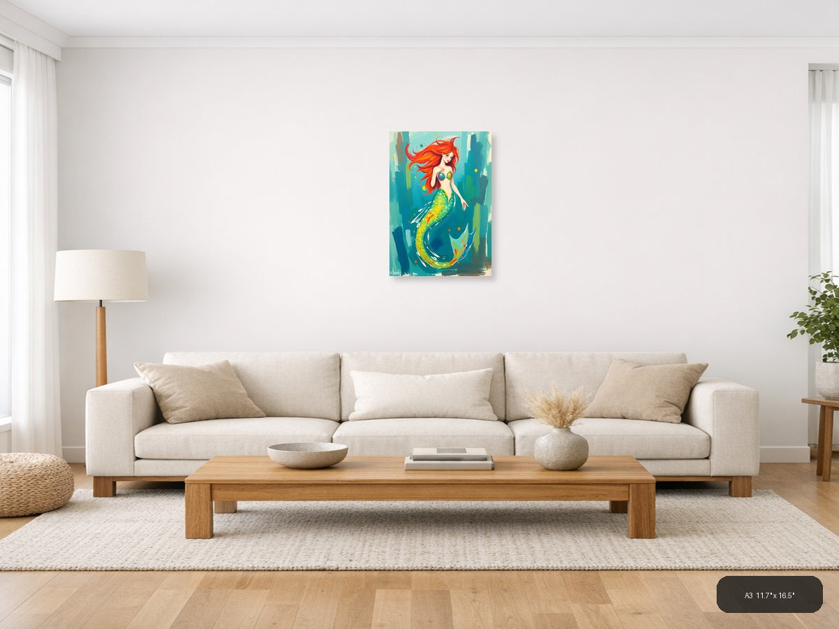 Vibrant Mermaid with Red Hair Abstract Wall Art — A3 / Living Room