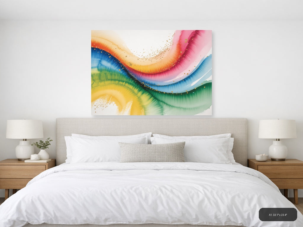 Rainbow Watercolor Flow Gold Splatter Wall Art — A1 / Bedroom