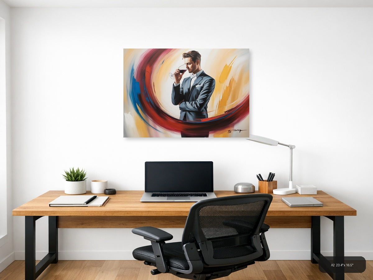Elegant Man Wine Tasting Abstract Swirl Wall Art — A2 / Office