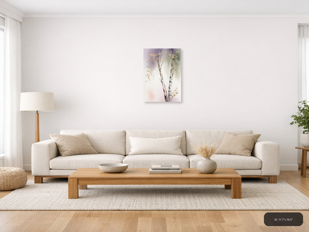 Golden Birch Trees Watercolor Portrait Wall Art — A3 / Living Room