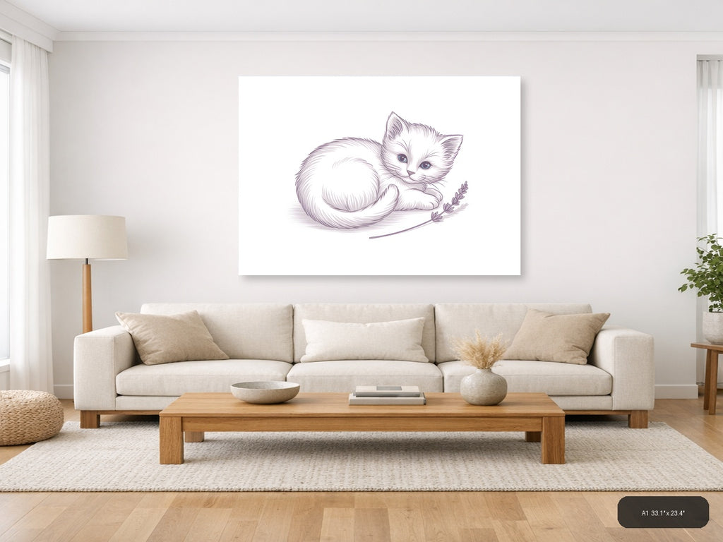 White Kitten with Lavender - Minimalist Wall Art — A1 / Living Room