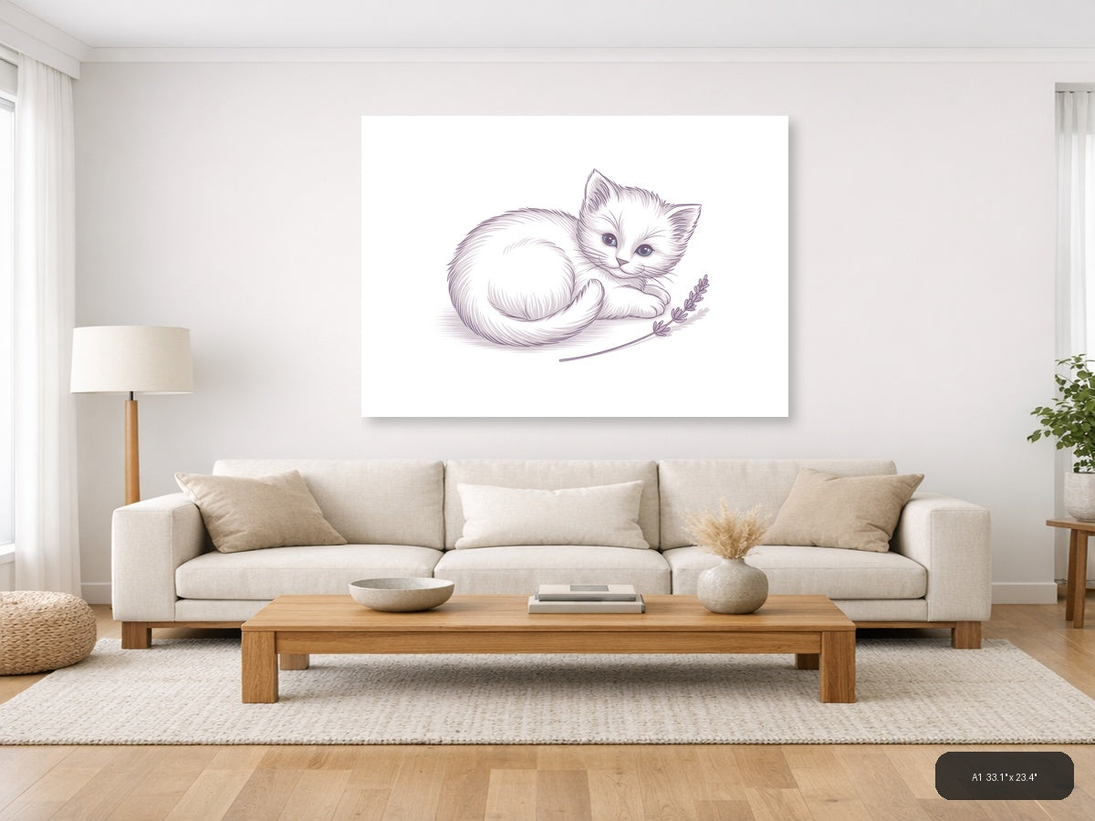 White Kitten with Lavender - Minimalist Wall Art — A1 / Living Room