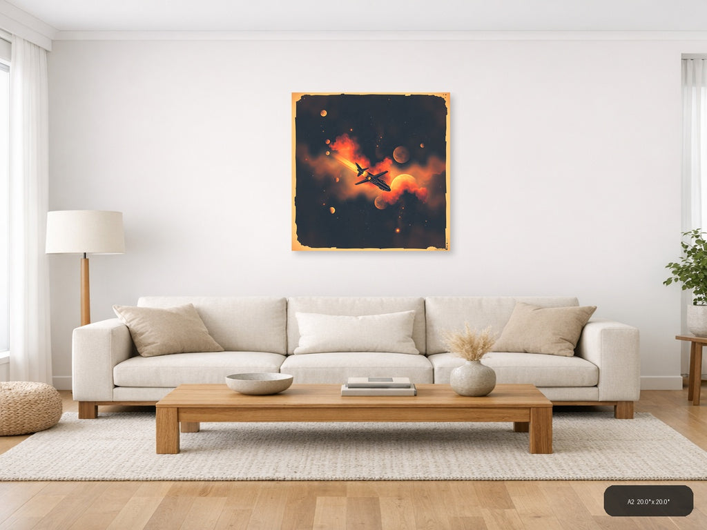 Vintage Spaceship Flight Through Cosmic Fire Wall Art — A2 / Living Room