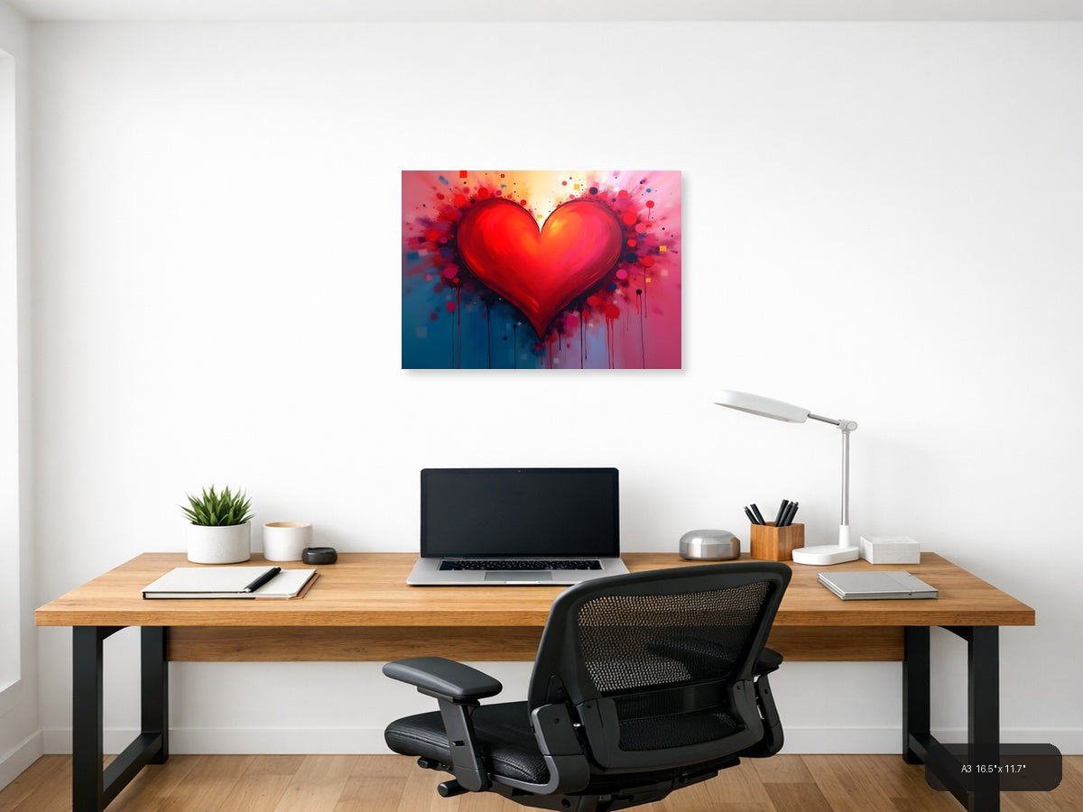 Red Heart Abstract Explosion Splatter Wall Art — A3 / Office
