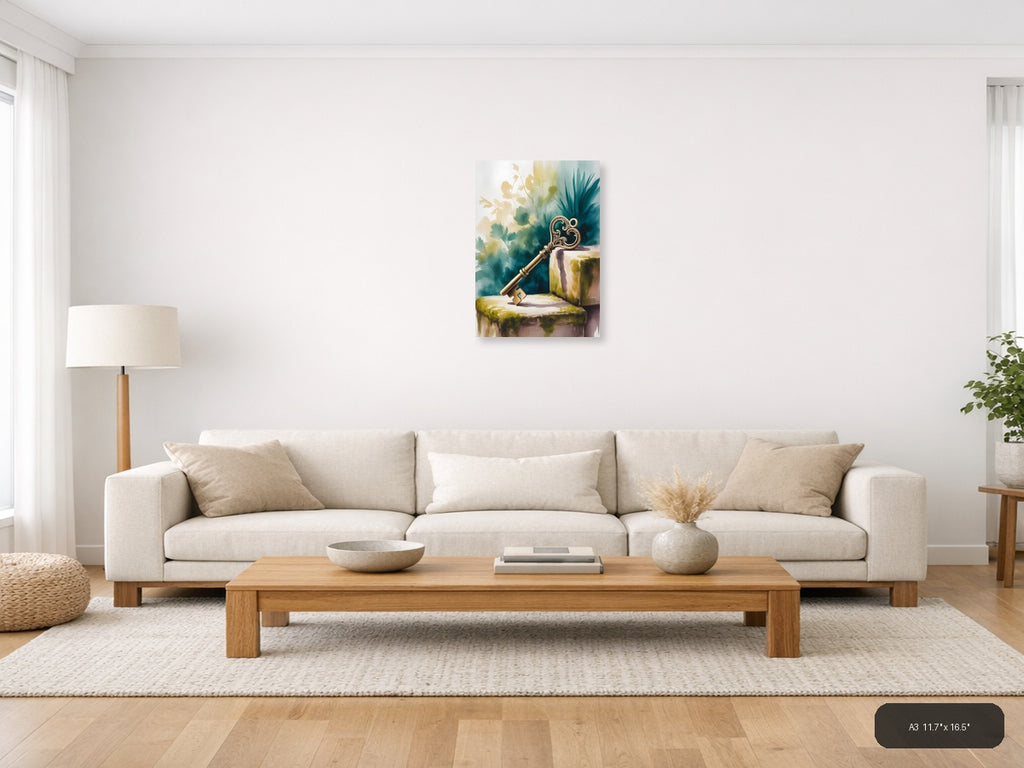 Ornate Golden Key Watercolor Wall Art — A3 / Living Room