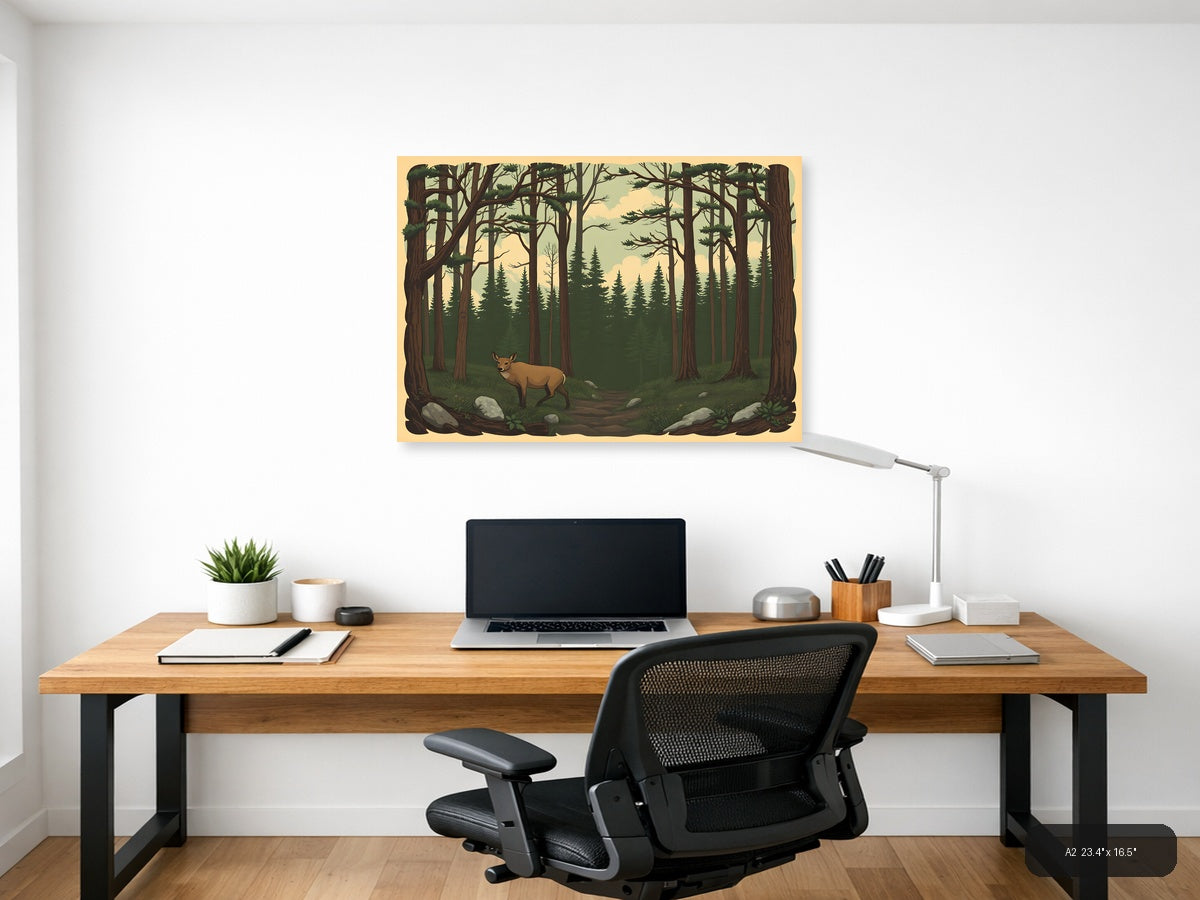 Vintage Forest Deer Landscape Wall Art — A2 / Office