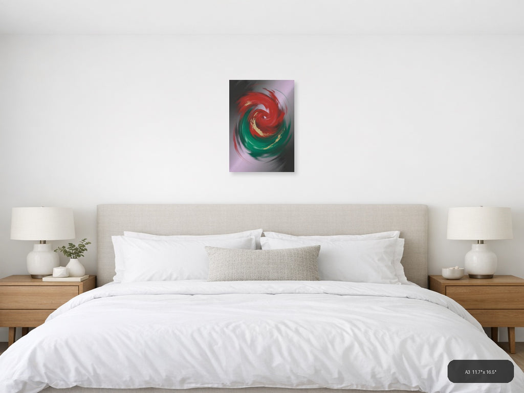 Red and Green Swirl Abstract Gold Accent Wall Art — A3 / Bedroom
