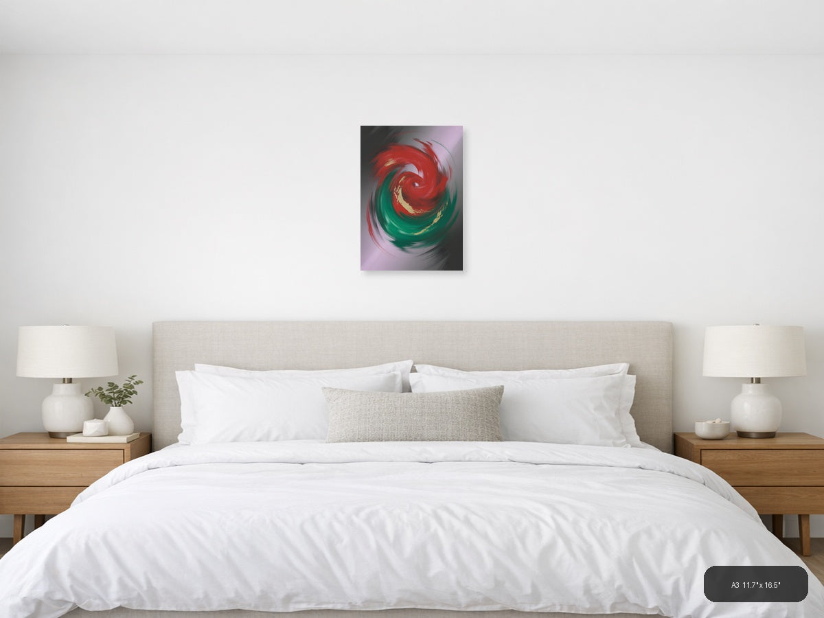 Red and Green Swirl Abstract Gold Accent Wall Art — A3 / Bedroom