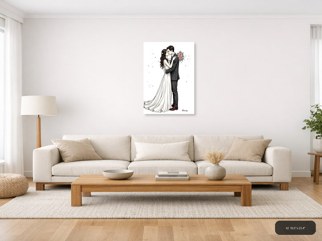 Wedding Kiss Line Art - Bride Groom Couple Wall Art — A2 / Living Room