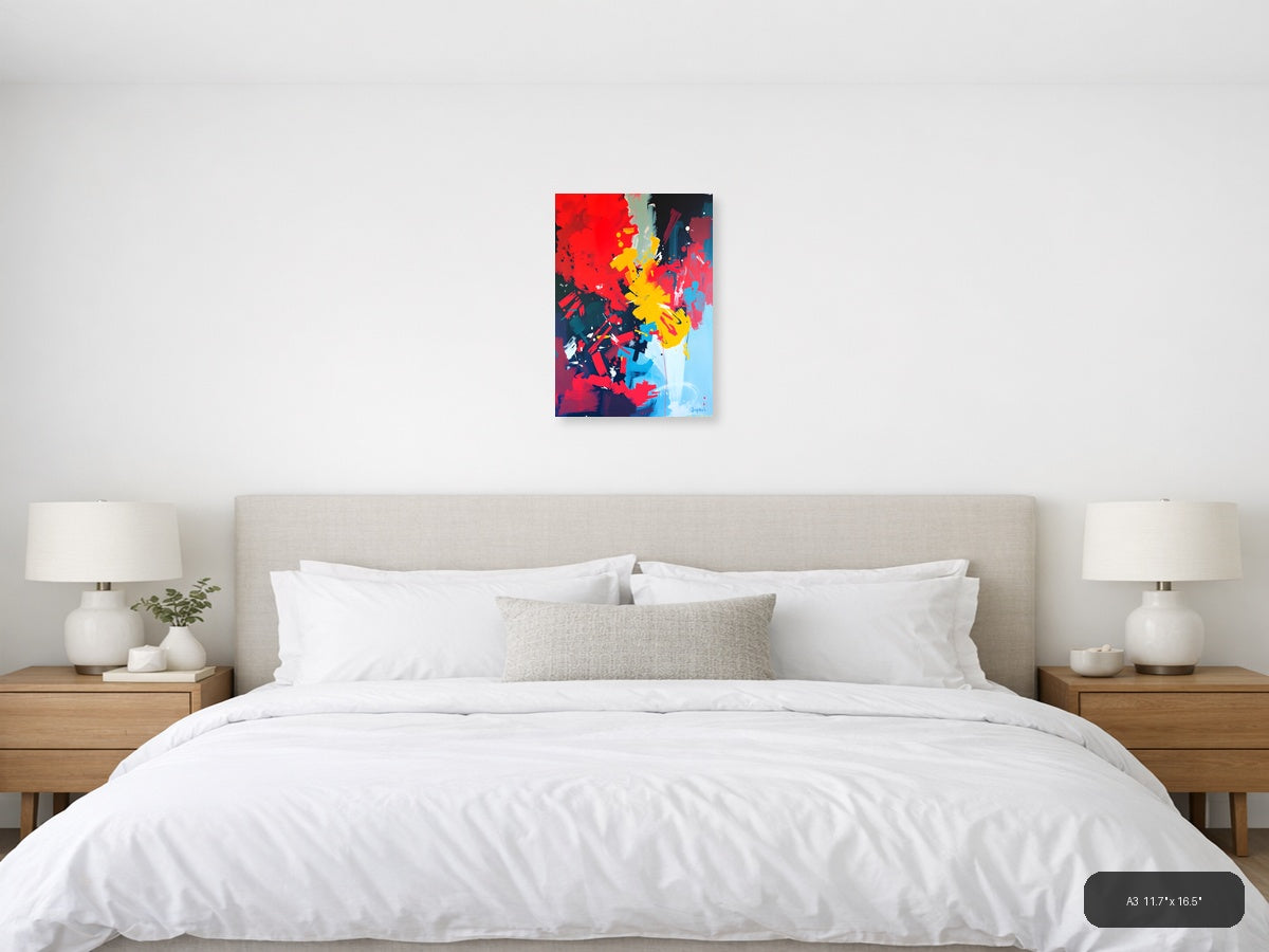 Bold Abstract Explosion Red Yellow Blue Wall Art — A3 / Bedroom