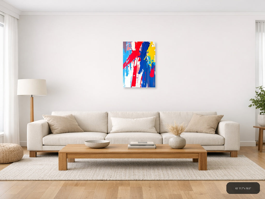 Bold Red Blue Yellow Abstract Brushstroke Wall Art — A3 / Living Room