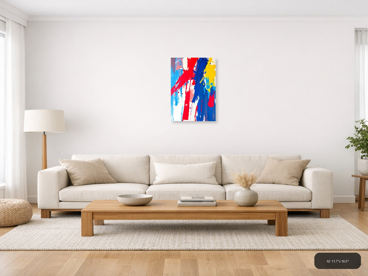 Bold Red Blue Yellow Abstract Brushstroke Wall Art — A3 / Living Room