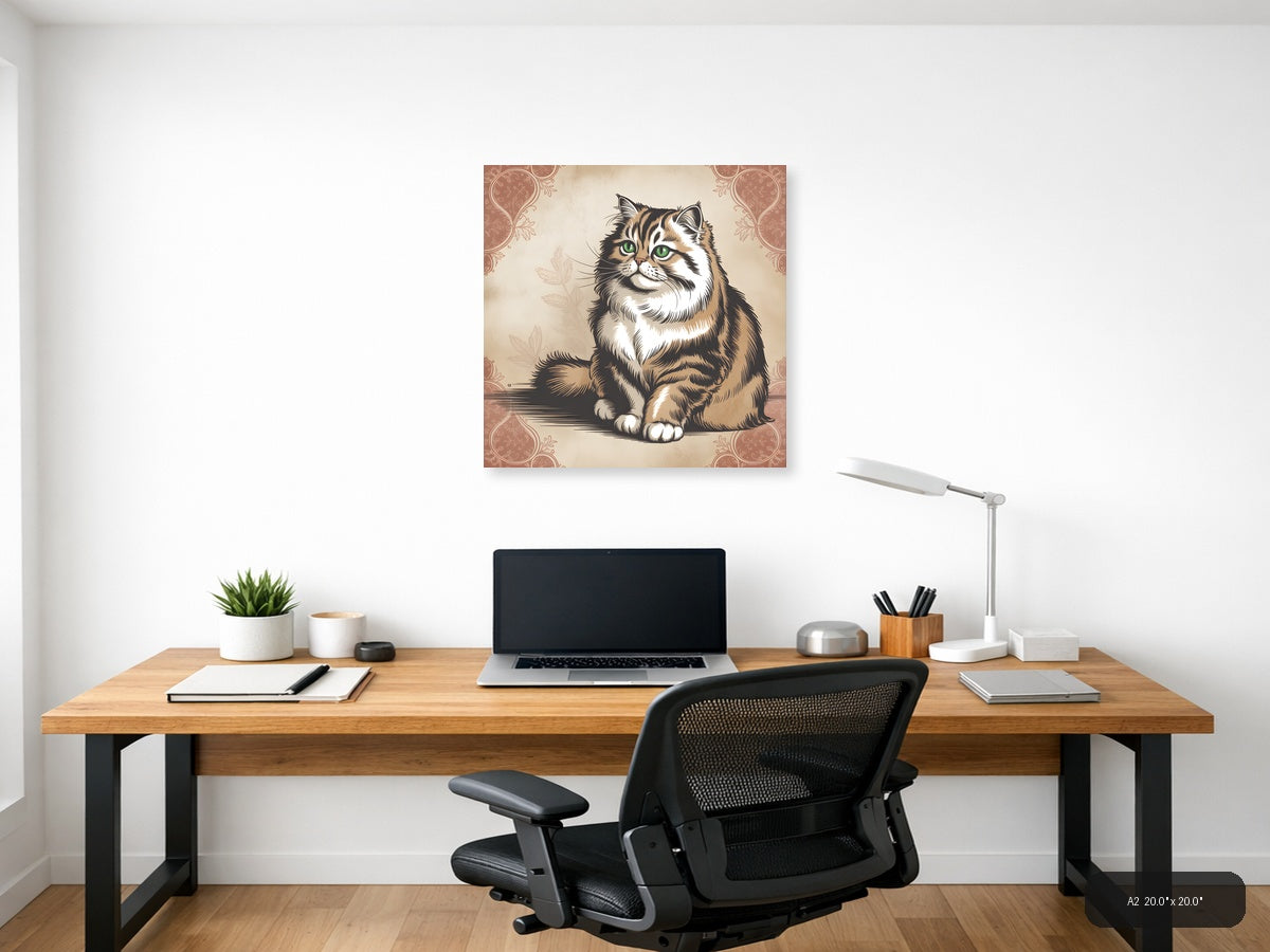 Vintage Tabby Cat with Green Eyes Square Wall Art — A2 / Office