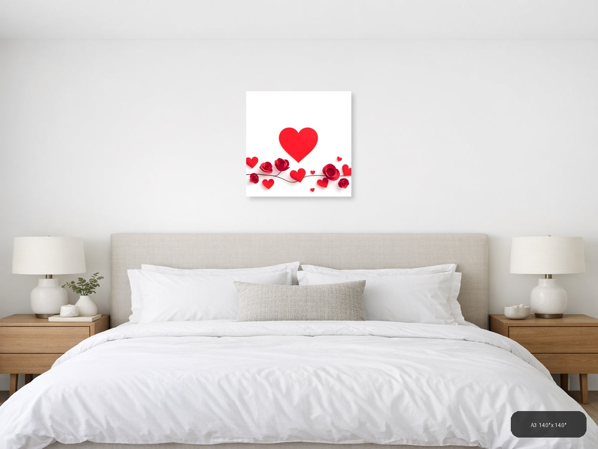 Minimalist Red Hearts and Roses Floral Wall Art — A3 / Bedroom