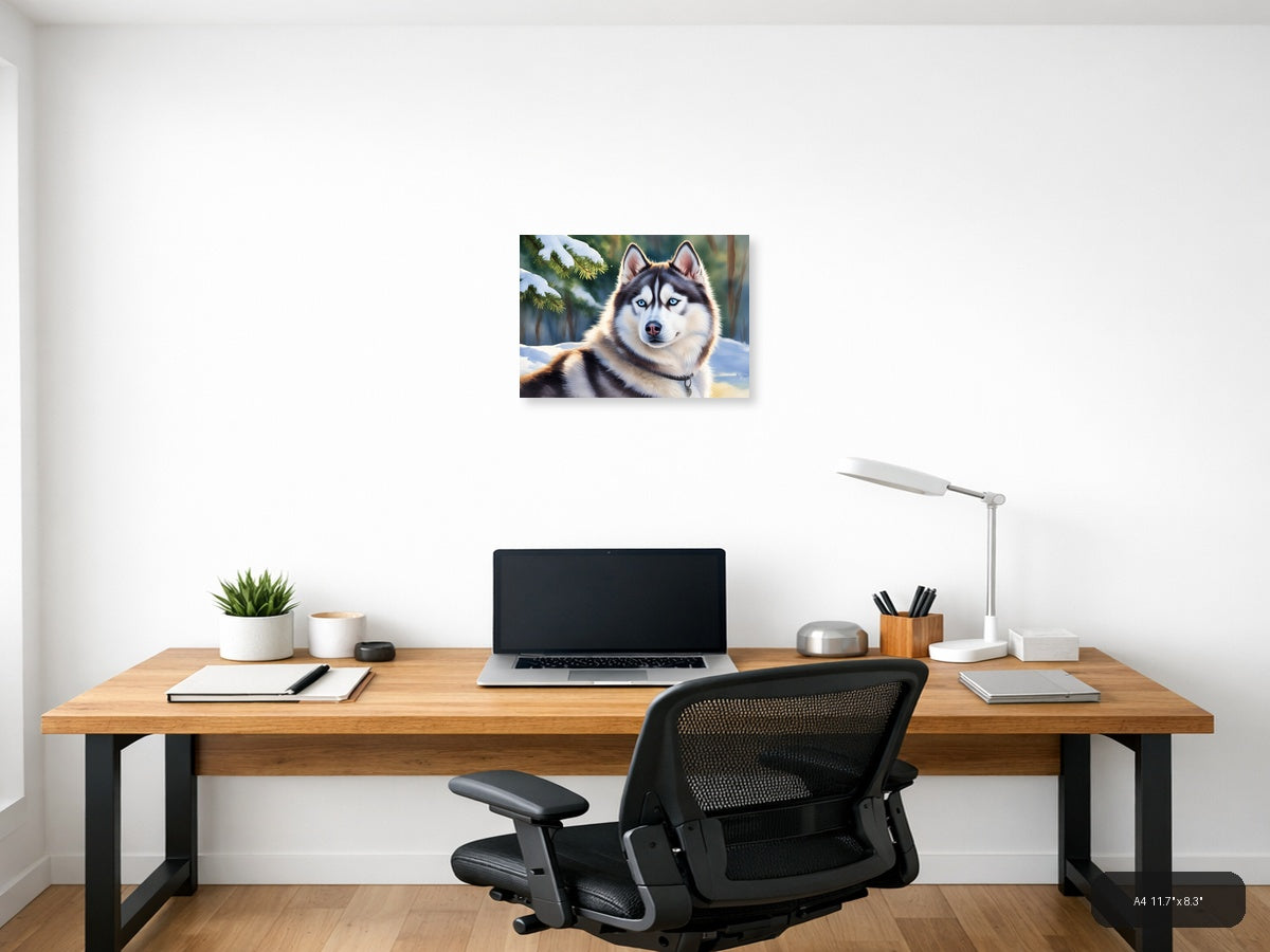 Siberian Husky Blue Eyes Winter Forest Watercolor Wall Art — A4 / Office