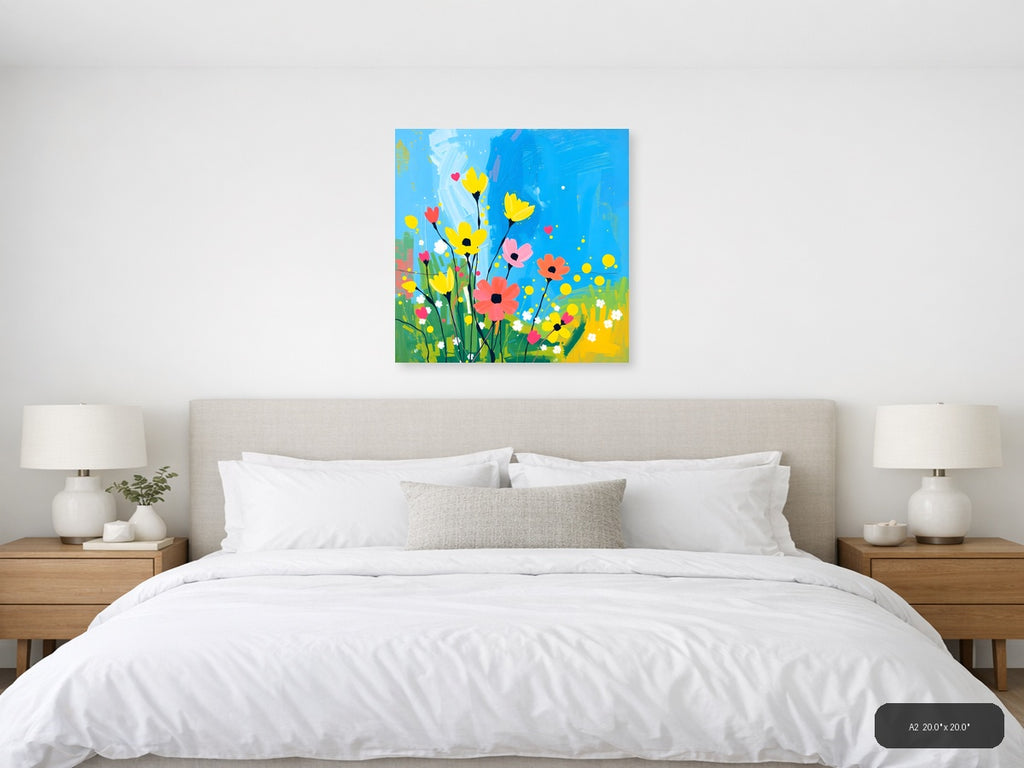 Colorful Abstract Wildflower Garden Blue Sky Wall Art — A2 / Bedroom