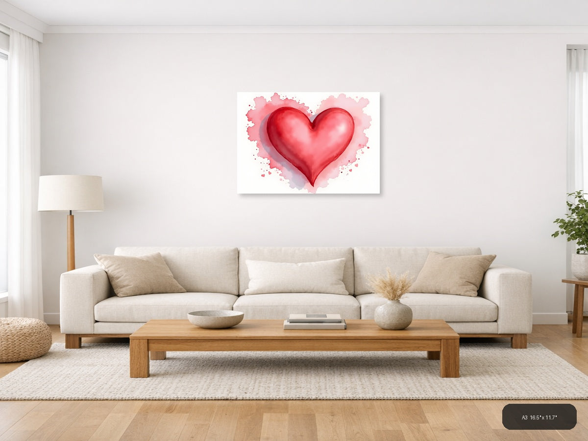 Red Heart Watercolor Splash Modern Wall Art — A3 / Living Room