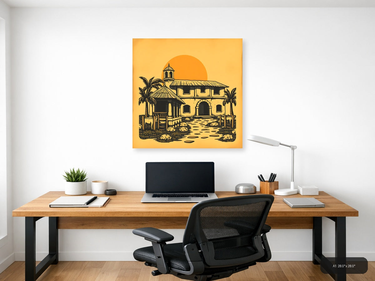Vintage Desert Mission Church with Palm Trees Wall Art — A1 / Office