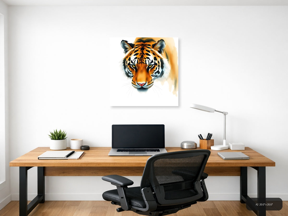 Tiger Face Watercolor Portrait Square Wall Art — A2 / Office