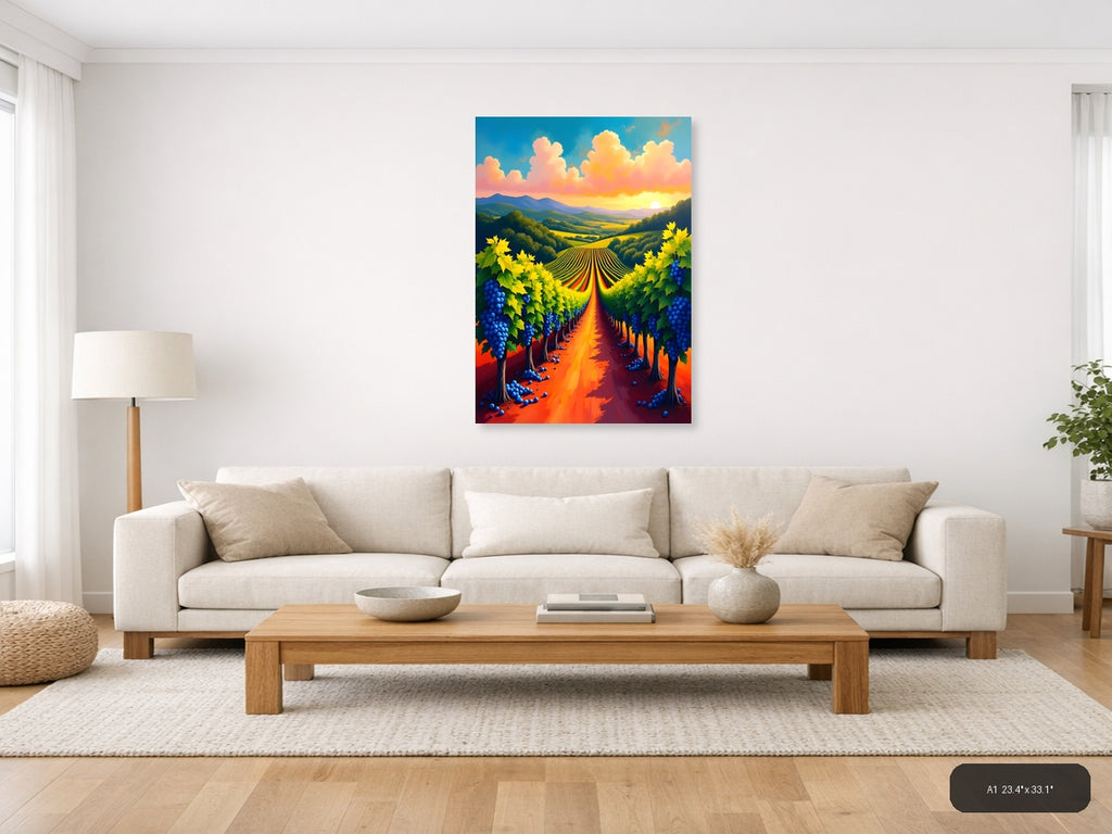 Vibrant Vineyard Sunset Abstract Landscape Wall Art — A1 / Living Room