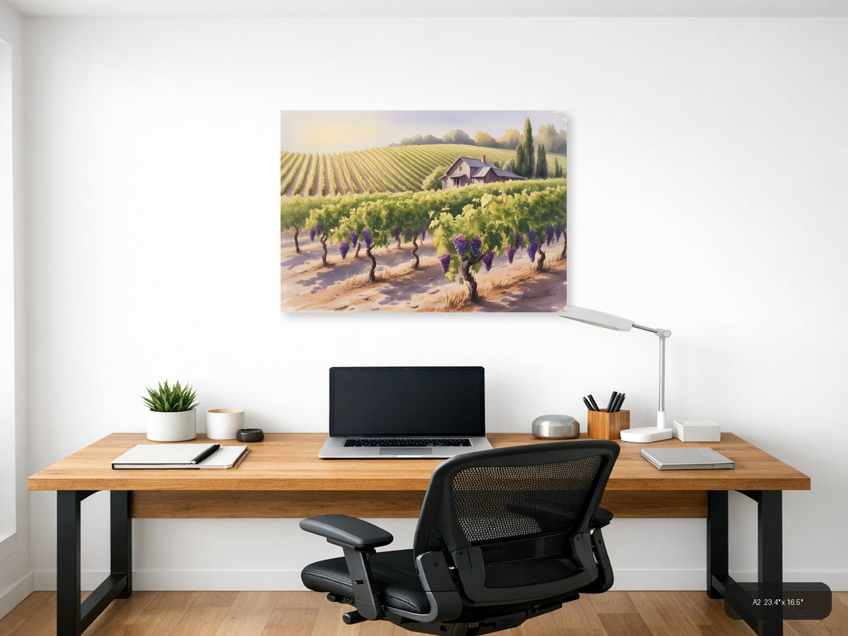 Tuscan Vineyard Landscape Watercolor Wall Art — A2 / Office