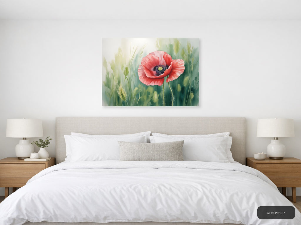 Red Poppy Watercolor Flower with Wheat Field Wall Art — A2 / Bedroom