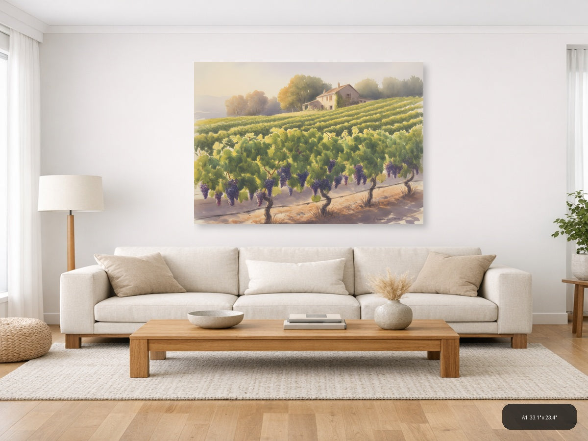 Tuscan Vineyard Watercolor Landscape Wall Art — A1 / Living Room