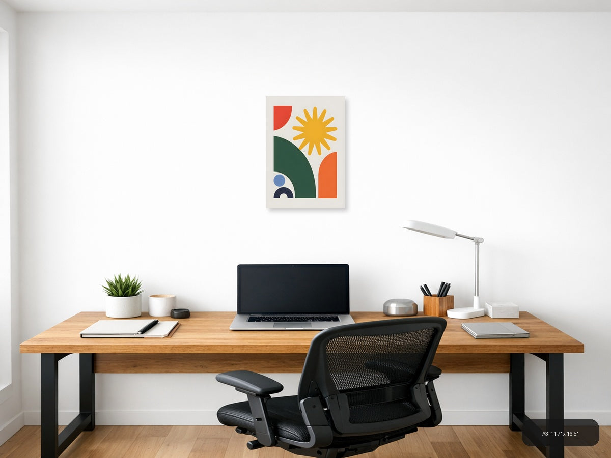 Minimalist Sun & Geometric Shapes Portrait Wall Art — A3 / Office