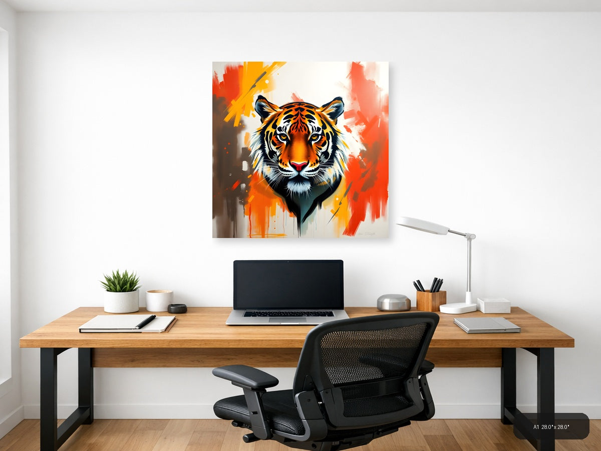 Abstract Tiger Head Orange Splash Modern Wall Art — A1 / Office
