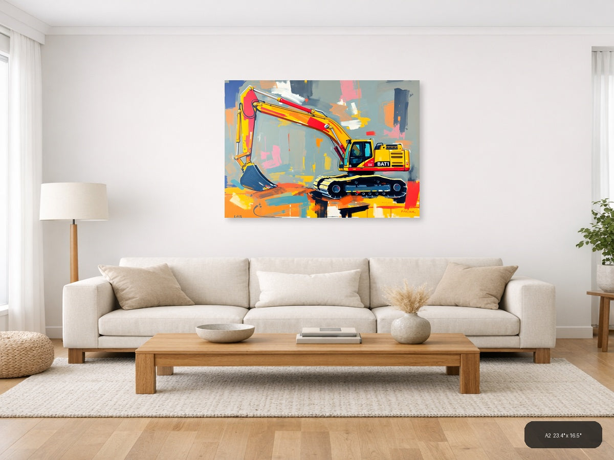 Yellow Excavator Abstract Construction Wall Art — A2 / Living Room