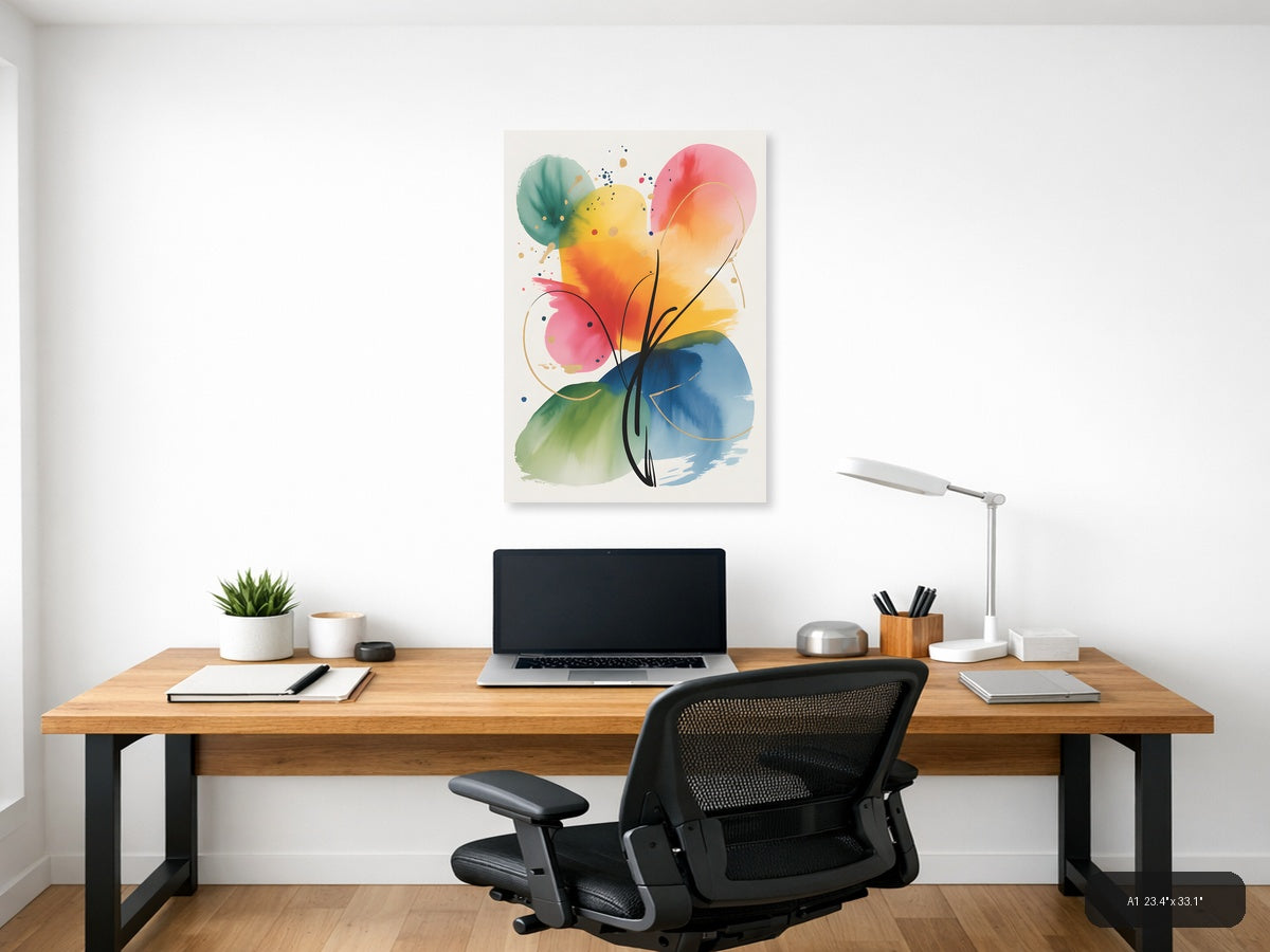 Colorful Watercolor Flower with Abstract Circles Wall Art — A1 / Office