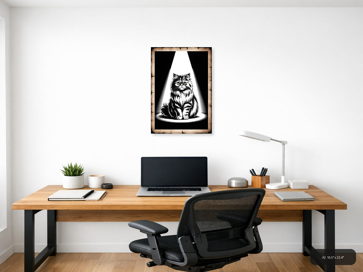 Majestic Fluffy Cat Green Eyes Black & White Wall Art — A2 / Office
