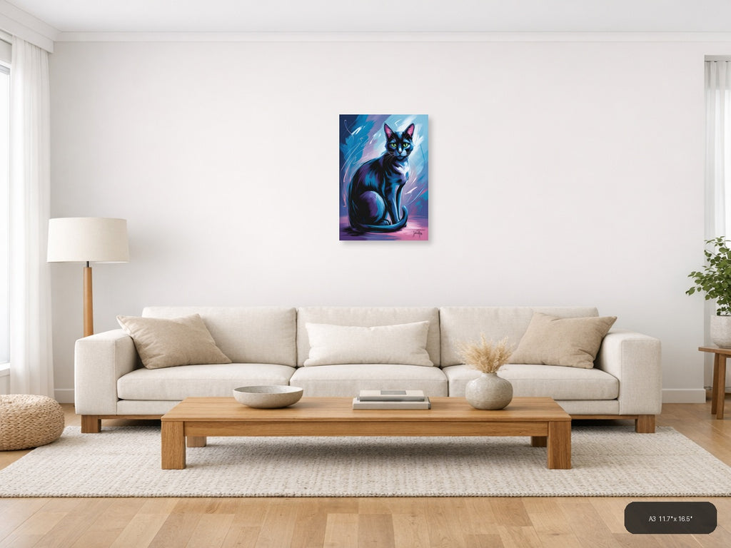 Abstract Blue Cat with Neon Eyes Portrait Wall Art — A3 / Living Room
