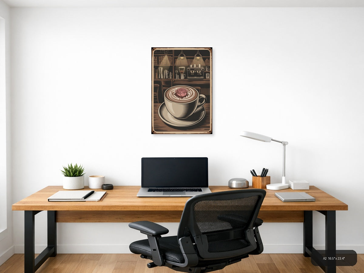 Vintage Coffee Shop Latte Art Rose Wall Art — A2 / Office