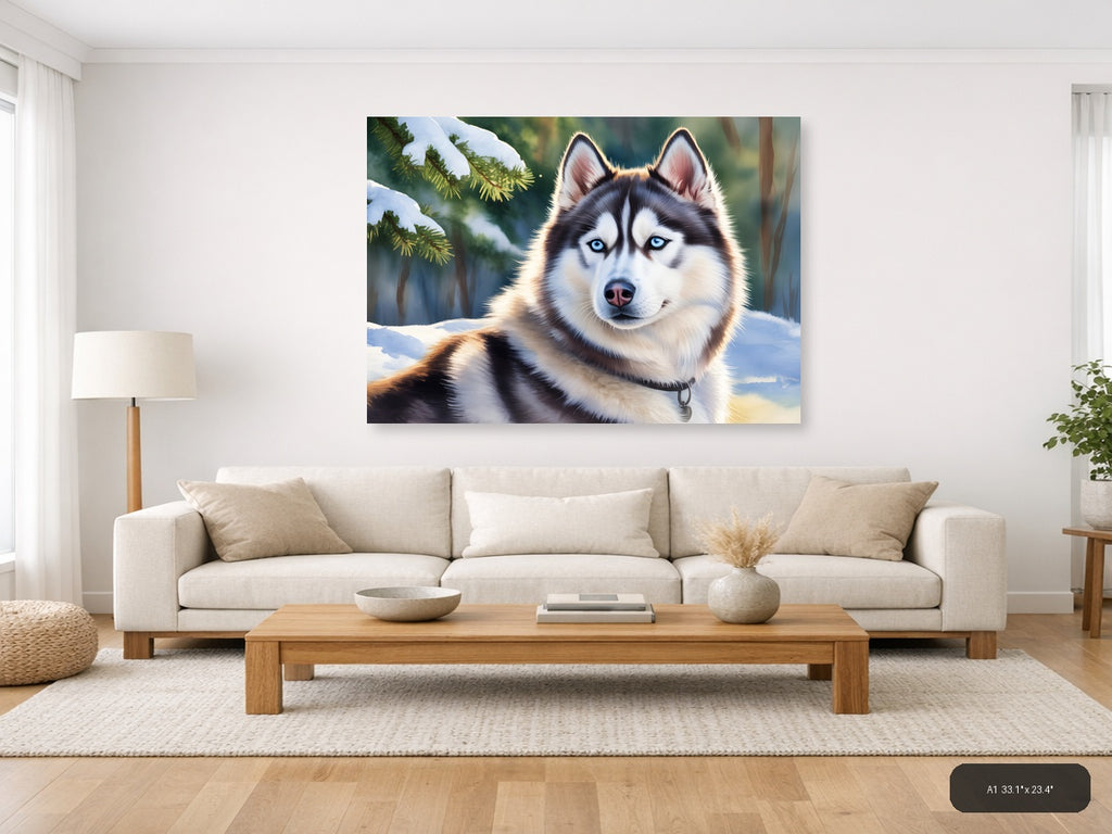 Siberian Husky Blue Eyes Winter Forest Watercolor Wall Art — A1 / Living Room