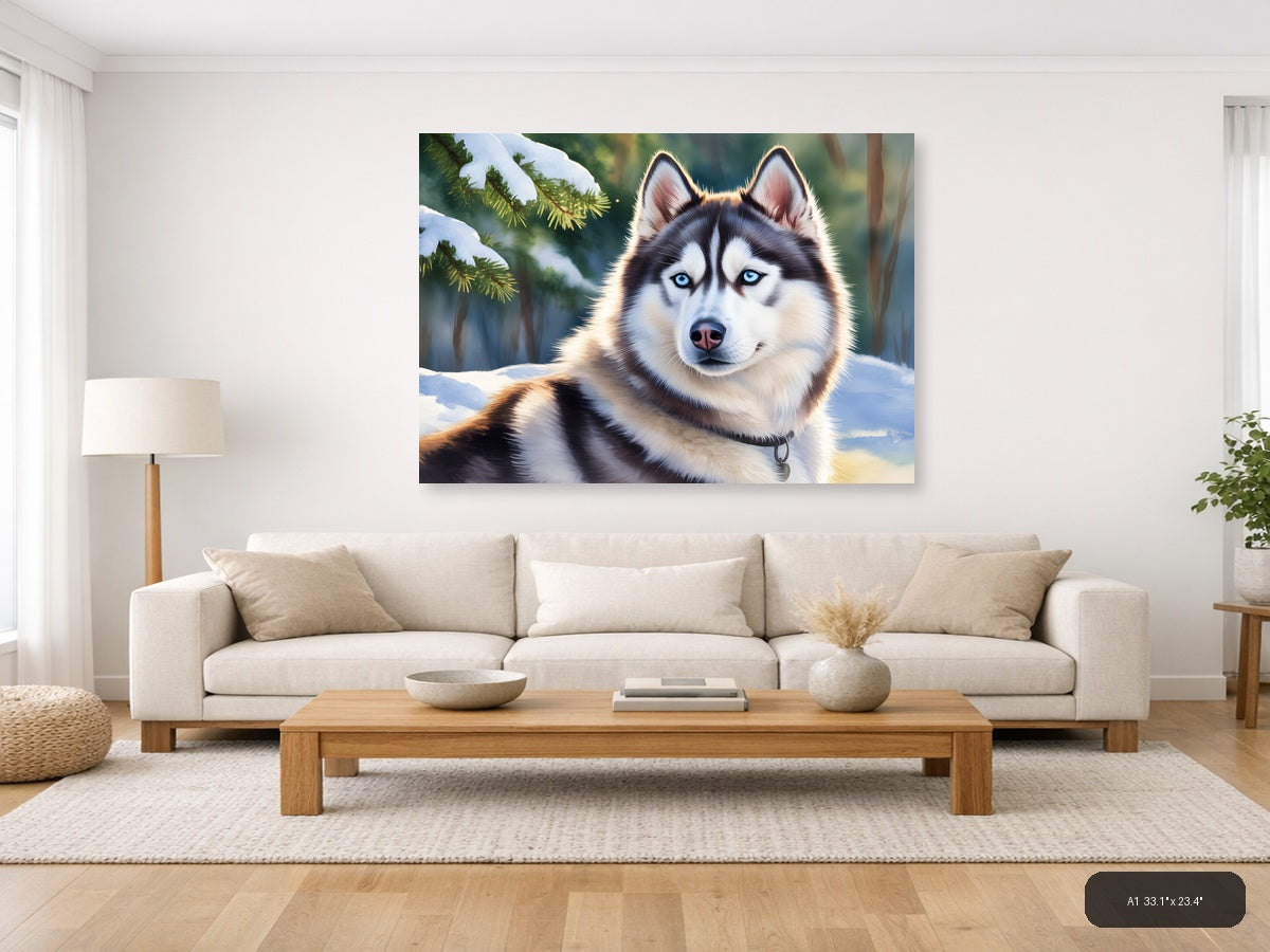 Siberian Husky Blue Eyes Winter Forest Watercolor Wall Art — A1 / Living Room