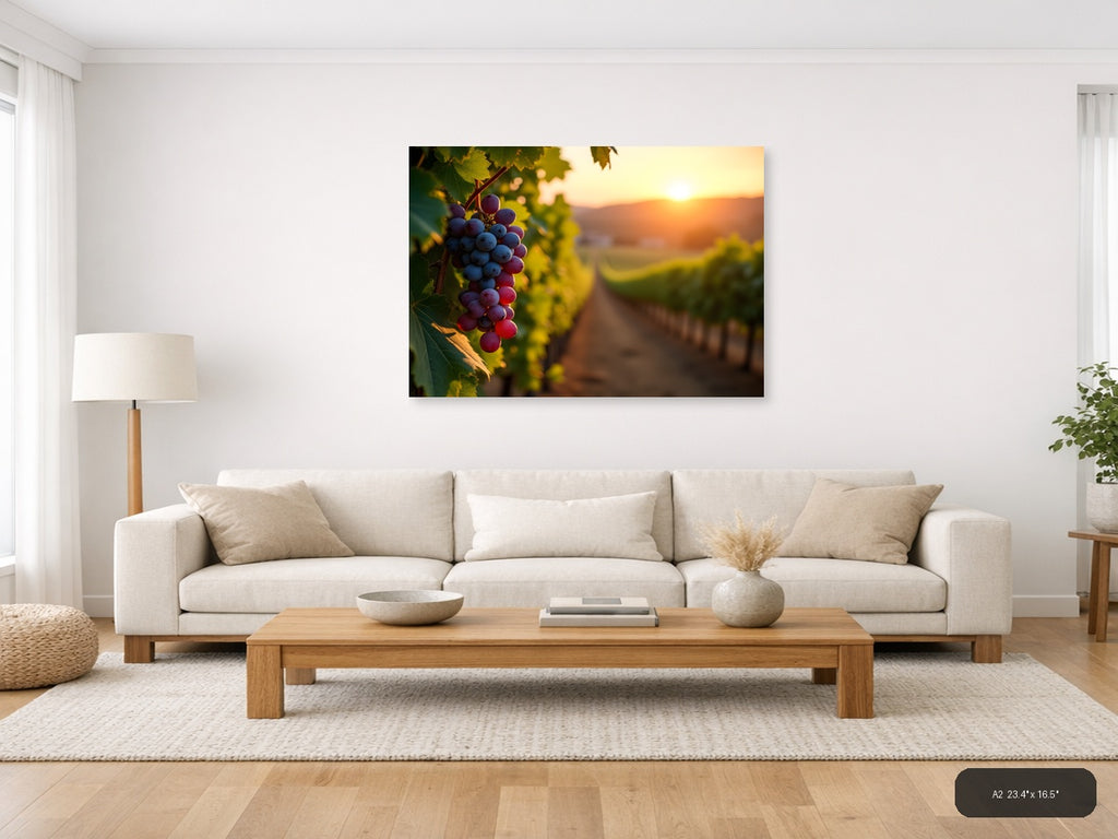 Vineyard Sunset with Purple Grapes Photography Wall Art — A2 / Living Room