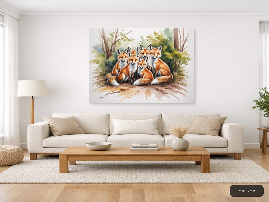 Fox Family Forest Watercolor Landscape Wall Art — A1 / Living Room