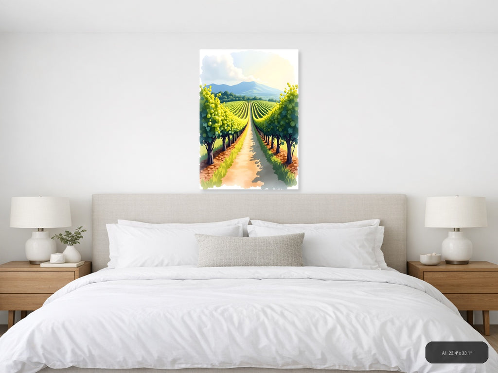Vineyard Mountain Landscape Watercolor Wall Art — A1 / Bedroom