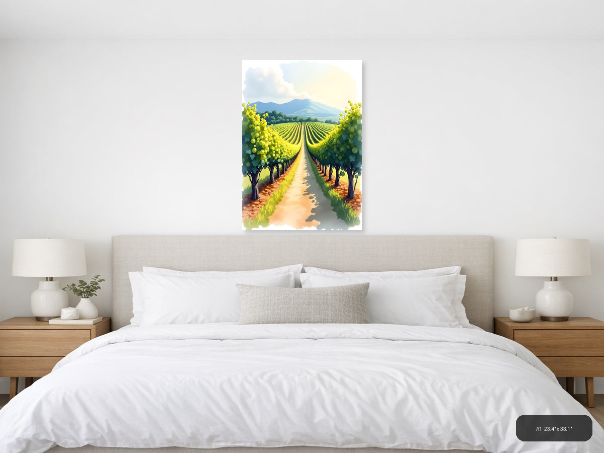 Vineyard Mountain Landscape Watercolor Wall Art — A1 / Bedroom