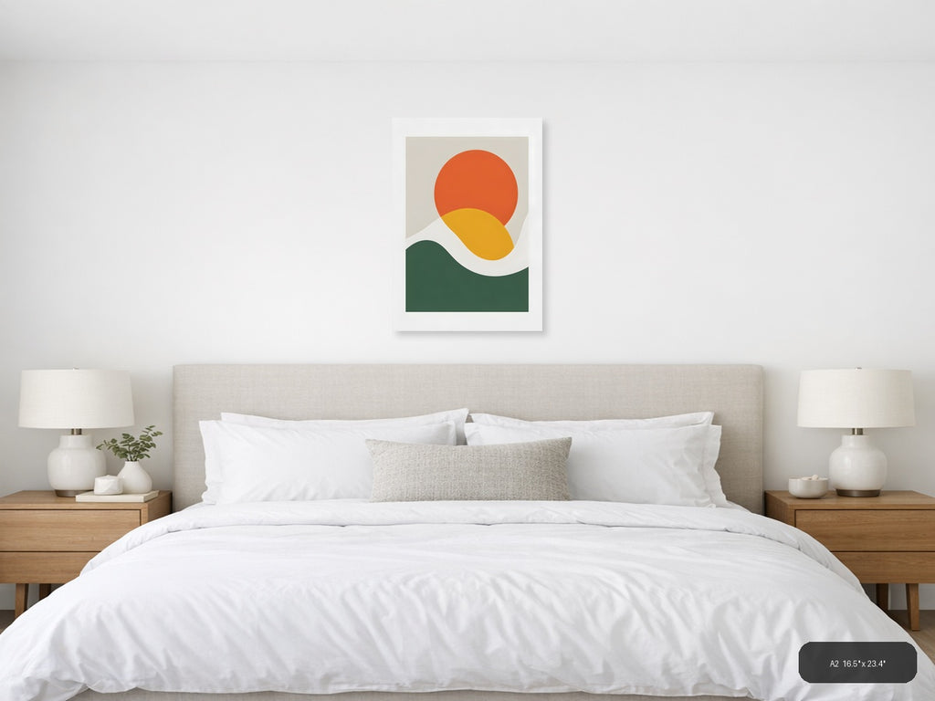 Minimalist Sunset Landscape with Circle and Wave Wall Art — A2 / Bedroom