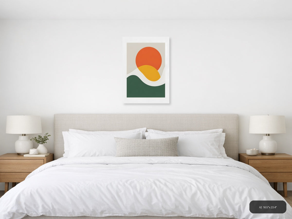 Minimalist Sunset Landscape with Circle and Wave Wall Art — A2 / Bedroom