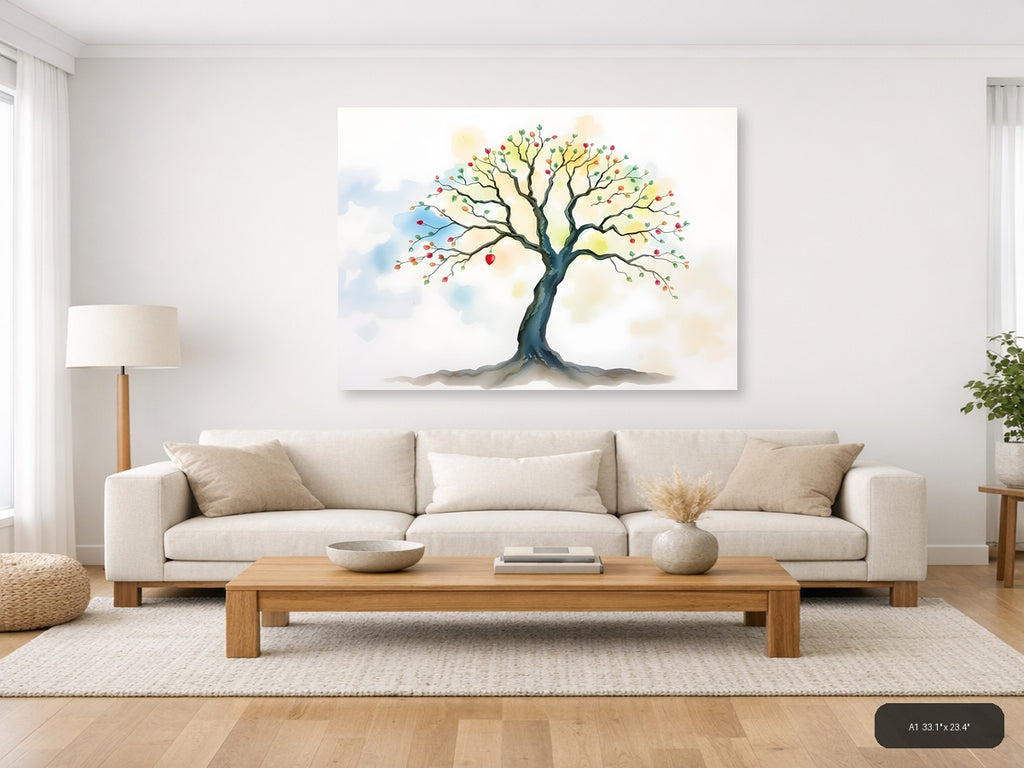 Watercolor Autumn Tree with Colorful Fruits Wall Art — A1 / Living Room