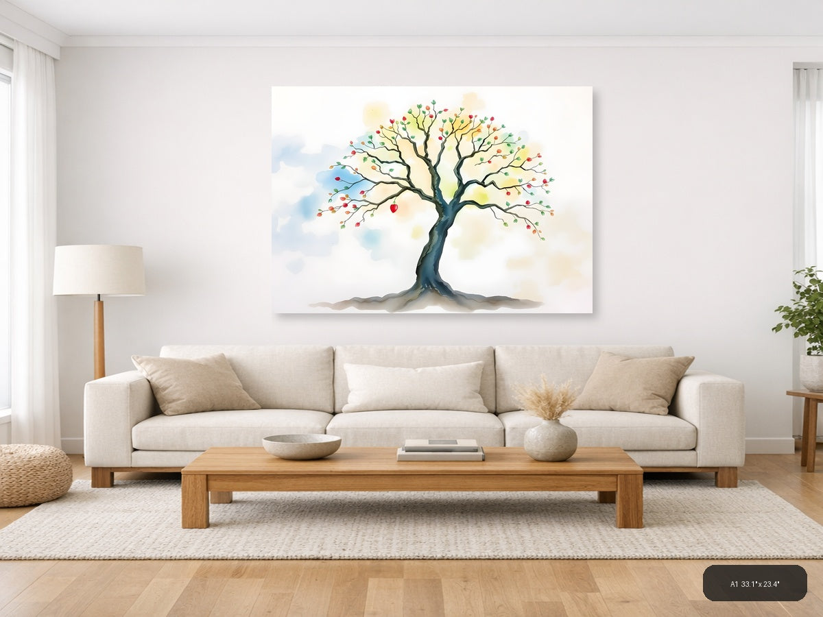 Watercolor Autumn Tree with Colorful Fruits Wall Art — A1 / Living Room