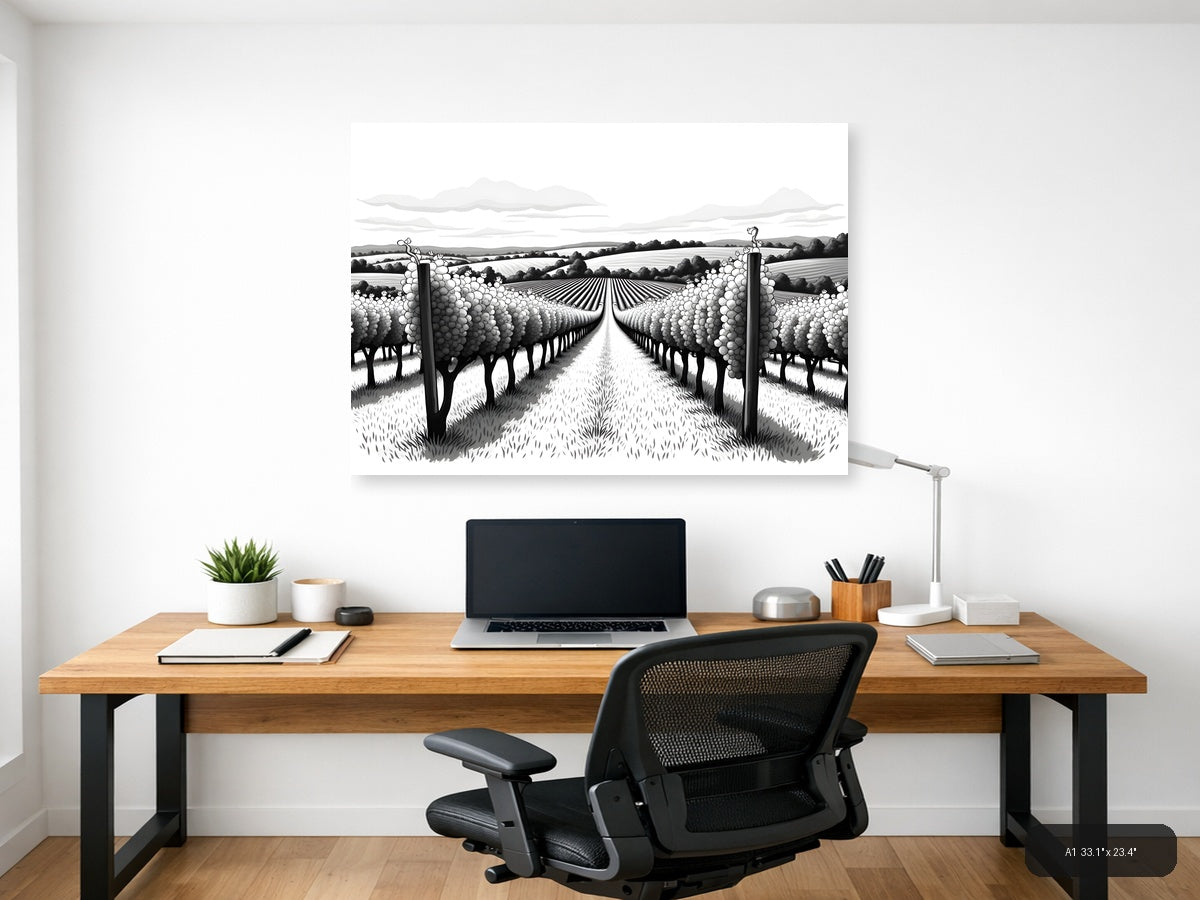Vineyard Rows Line Art - Black & White Landscape Wall Art — A1 / Office