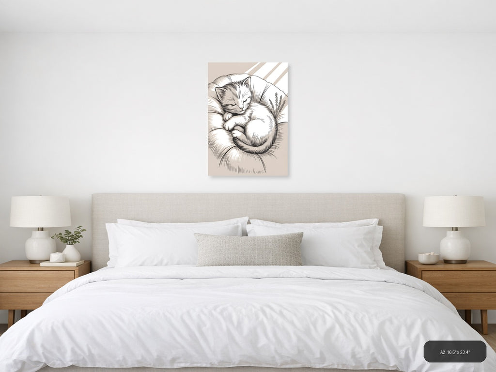 Sleeping Cat with Lavender Line Art Wall Art — A2 / Bedroom
