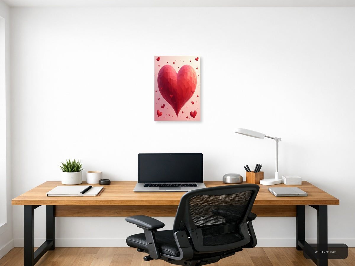 Large Red Polygonal Heart with Floating Hearts | Abstract Love Wall Art — A3 (Office)