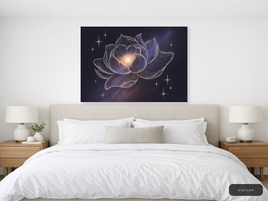 Glowing Lotus Flower Line Art With Stars Wall Art — A1 / Bedroom