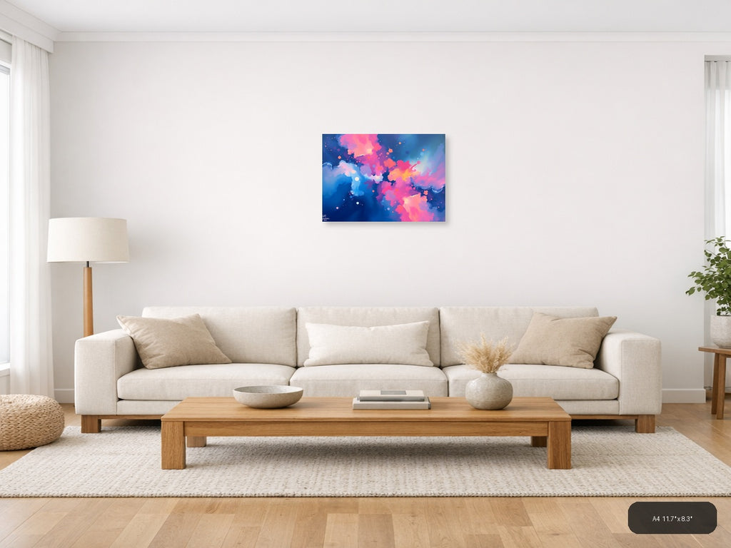 Abstract Pink & Blue Fluid Clouds Modern Wall Art — A4 / Living Room