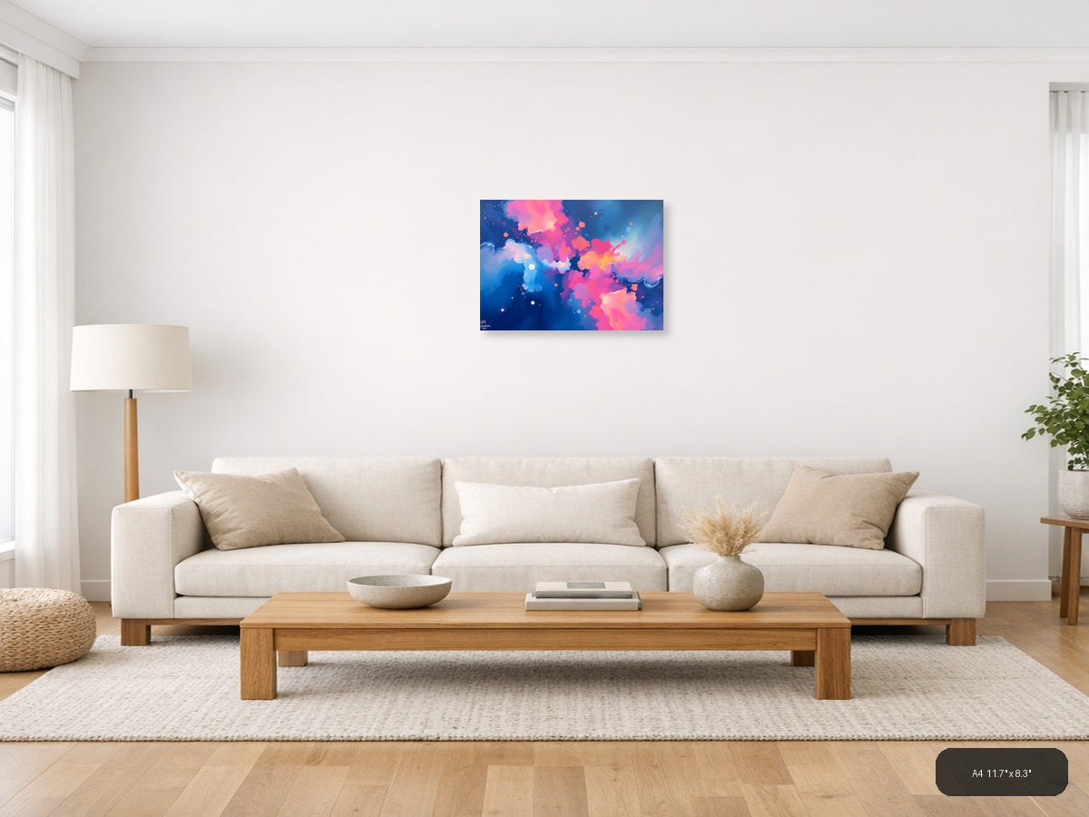 Abstract Pink & Blue Fluid Clouds Modern Wall Art — A4 / Living Room